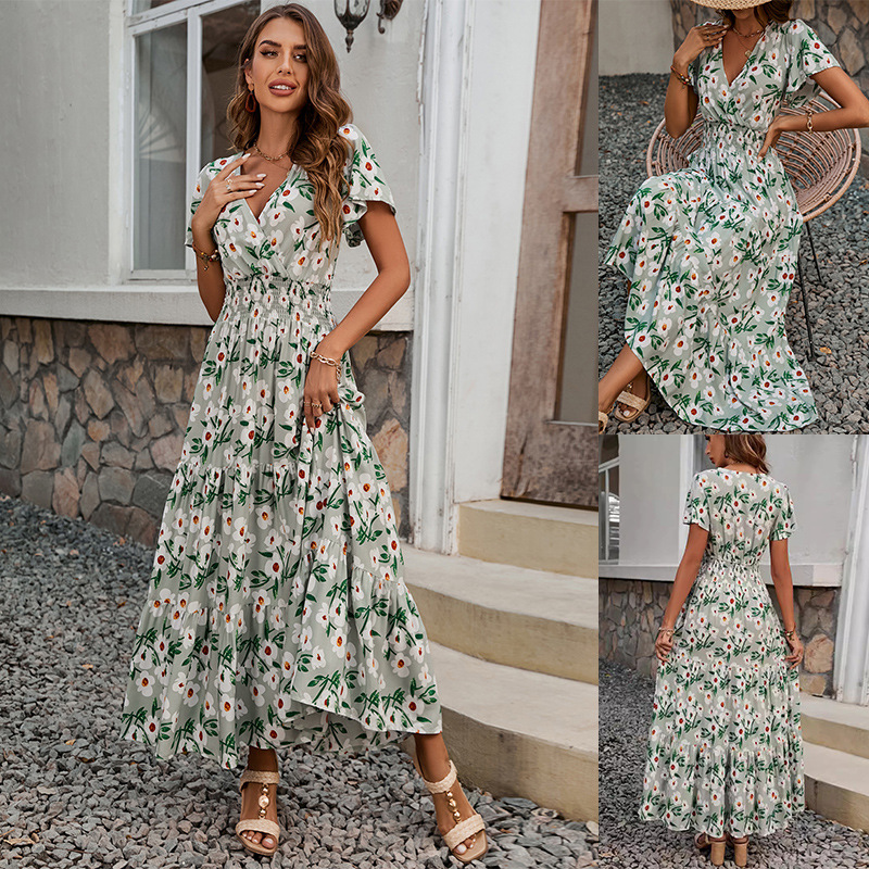 V-Neck Floral Print Tiered Maxi Dress with Smocked Waist