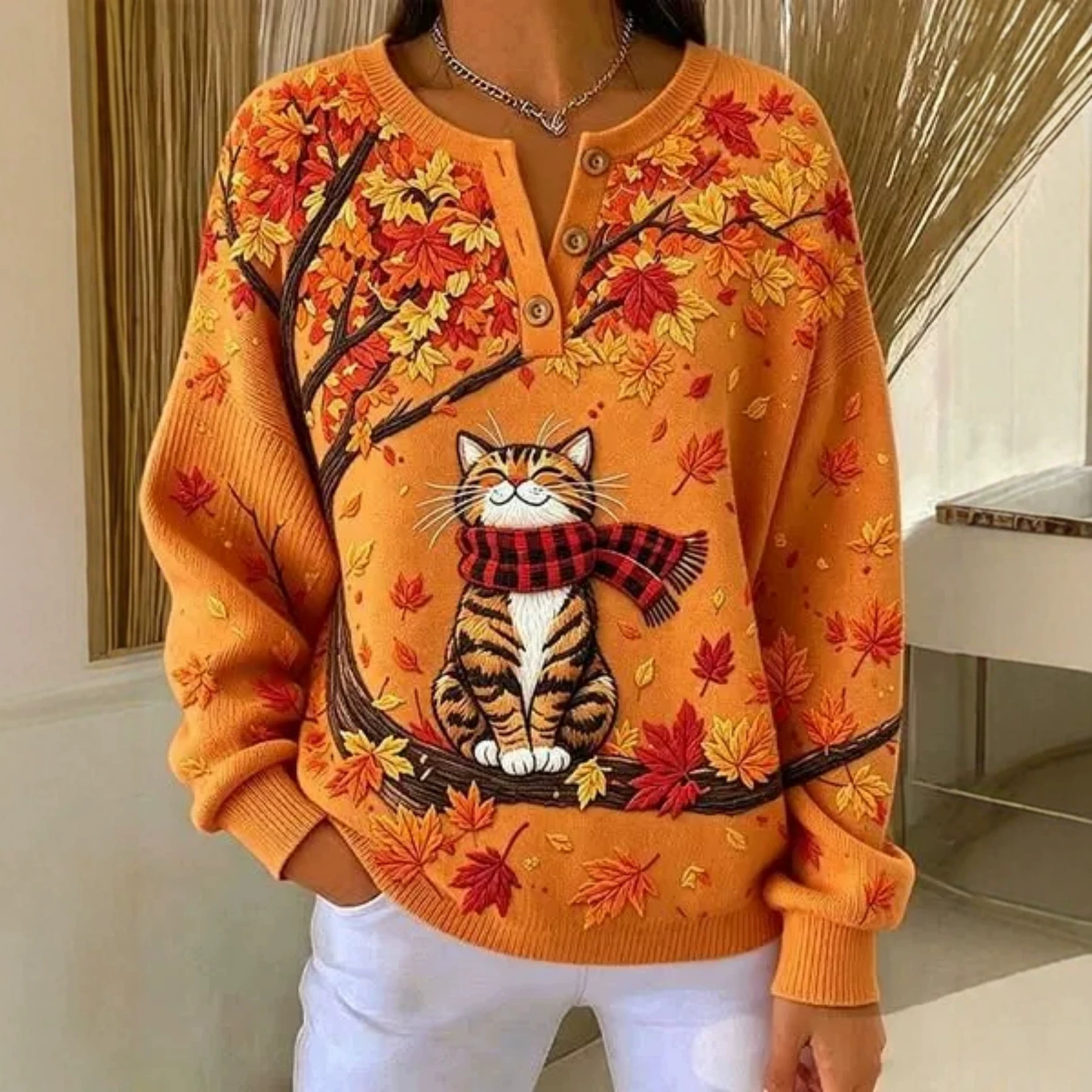 Women's Cute Cat & Maple Leaf Print Button Sweatshirt