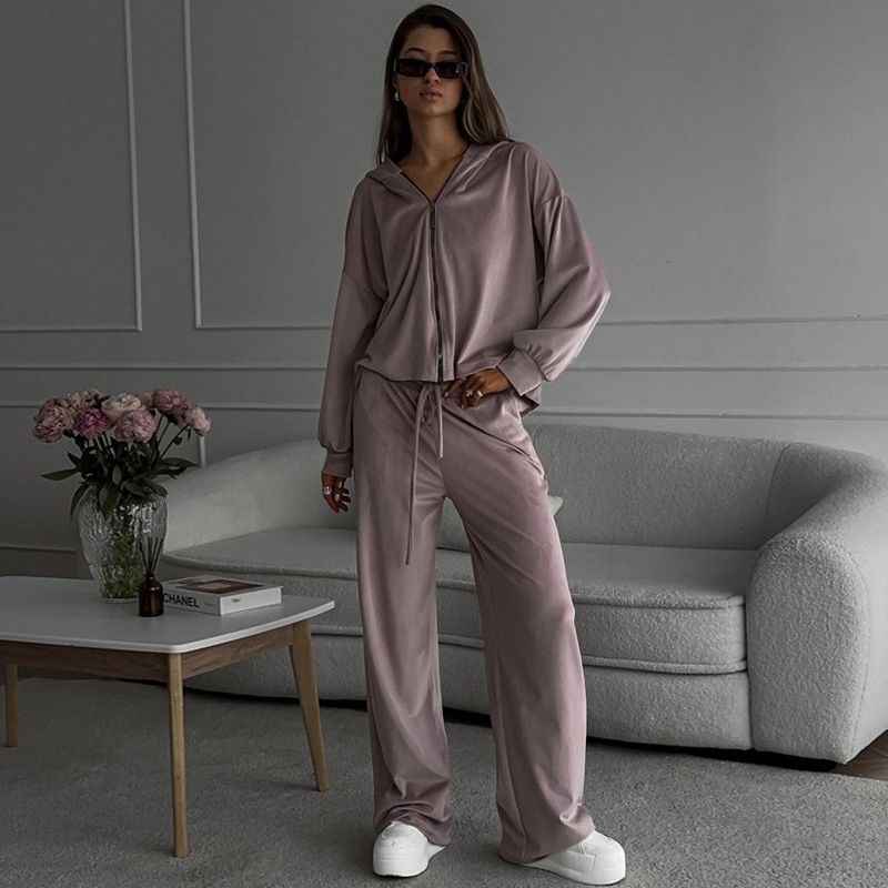 Women's Casual Two-Piece Set Solid Long-Sleeve Zip Hooded Cardigan Top and Jogger Pants
