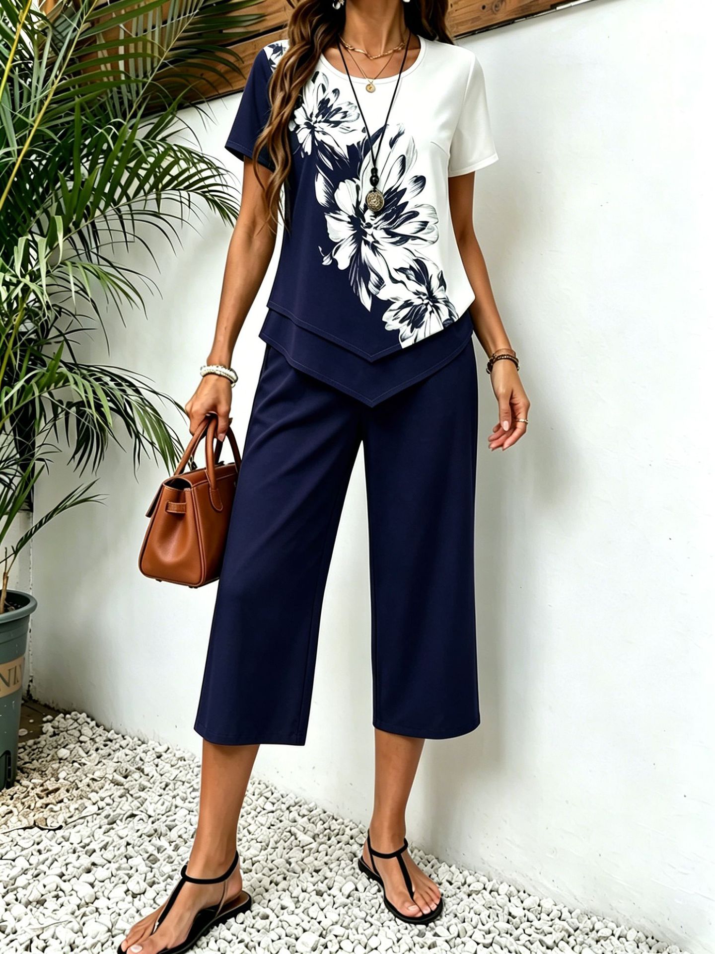 Floral Print Asymmetric Top & Capri Pants Two-Piece Set