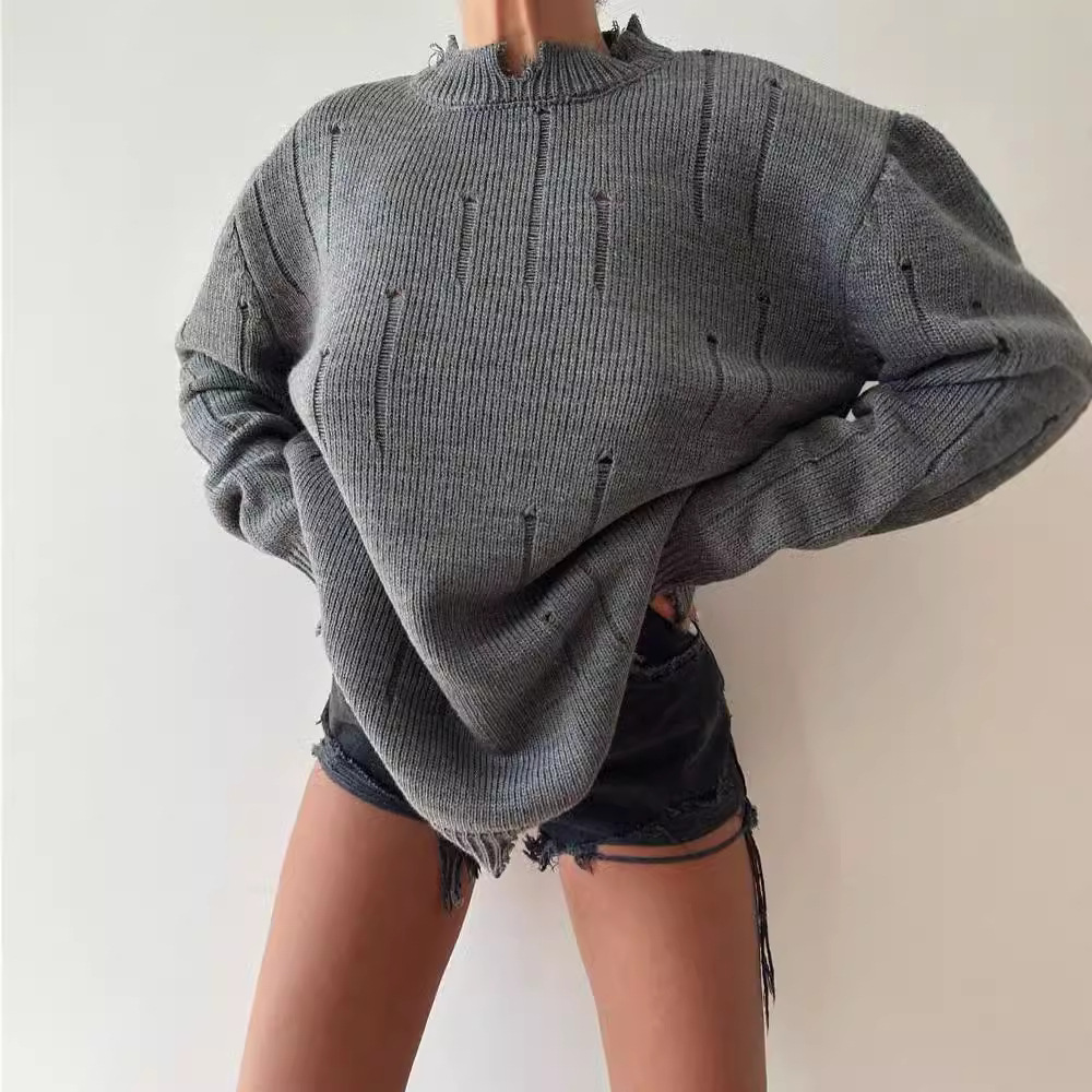 Women's Loose Distressed Crewneck Pullover Sweater