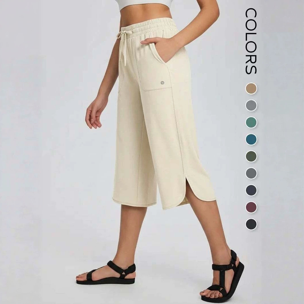 Women's Solid Color Wide-Leg Elastic Waist Cropped Pants