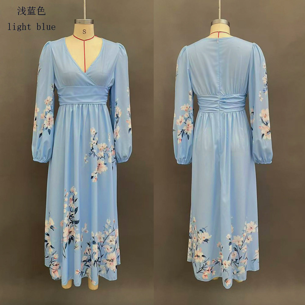 Floral Print V-Neck Pleated Long Sleeve Maxi Dress