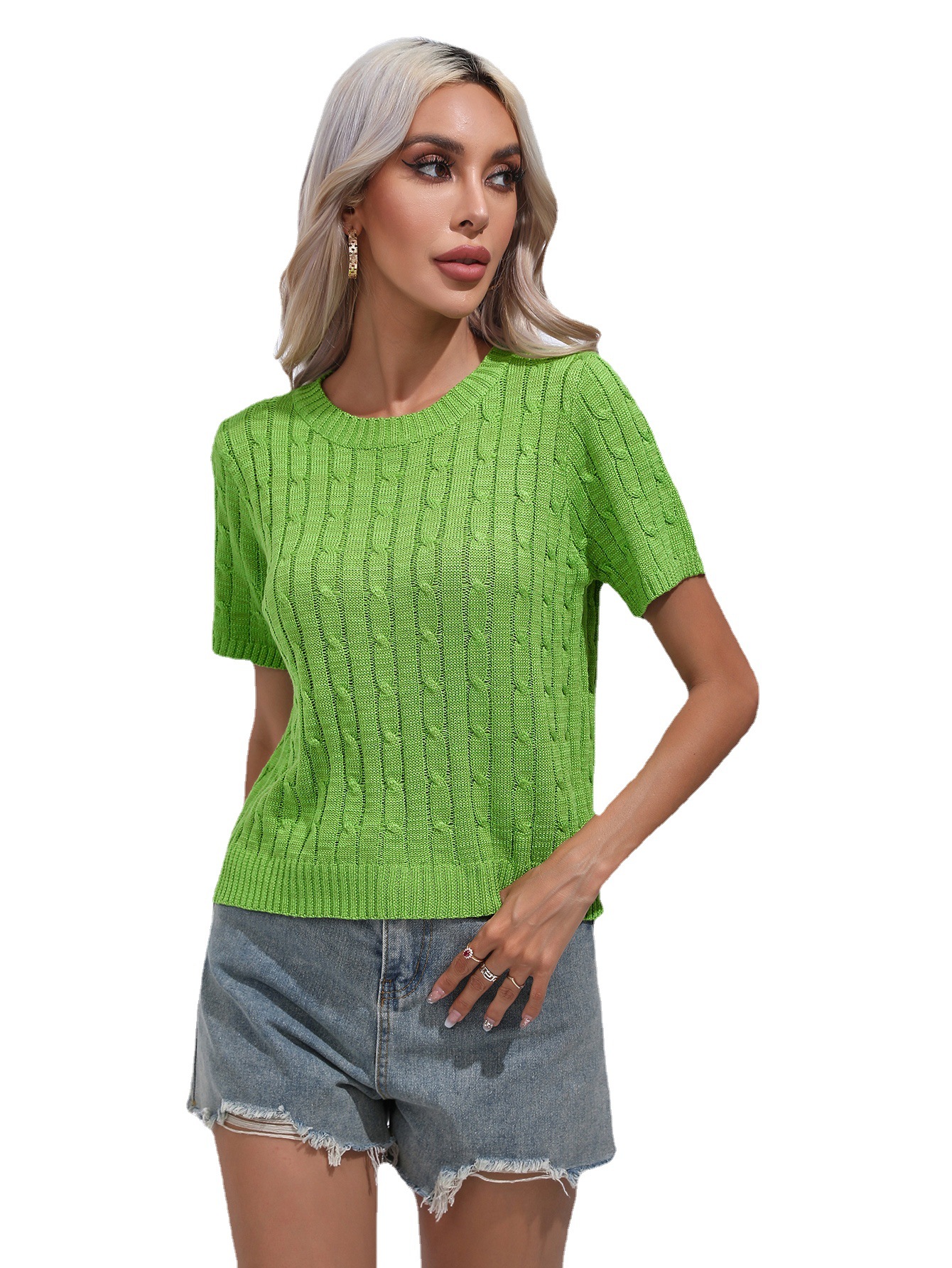 Cable Knit Short Sleeve Pullover Sweater Crew Neck Solid Color