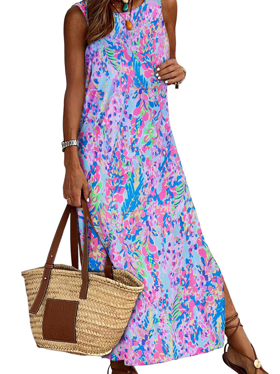 Floral Print Split Hem Midi Dress Round Neck Pullover Slim Fit