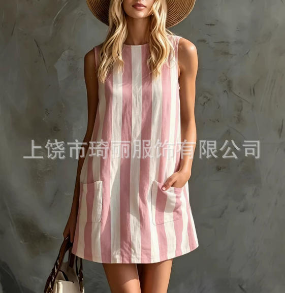 Red and White Vertical Striped Sleeveless Round Neck Straight Short Dress with Pockets