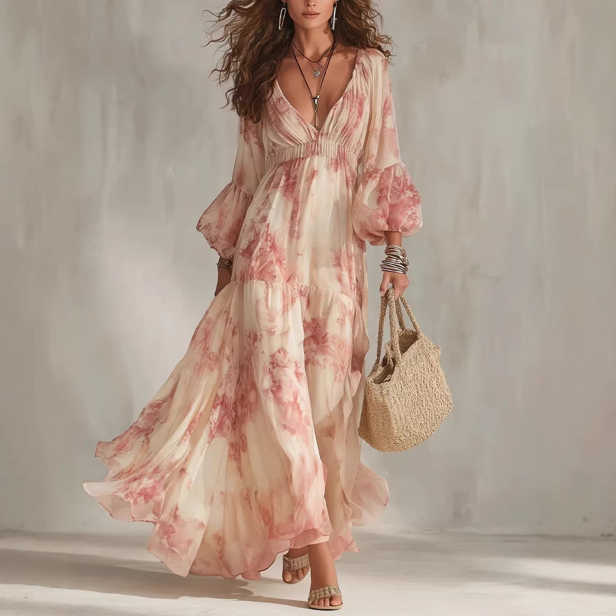V-Neck Floral Print Maxi Dress with Lantern Sleeves