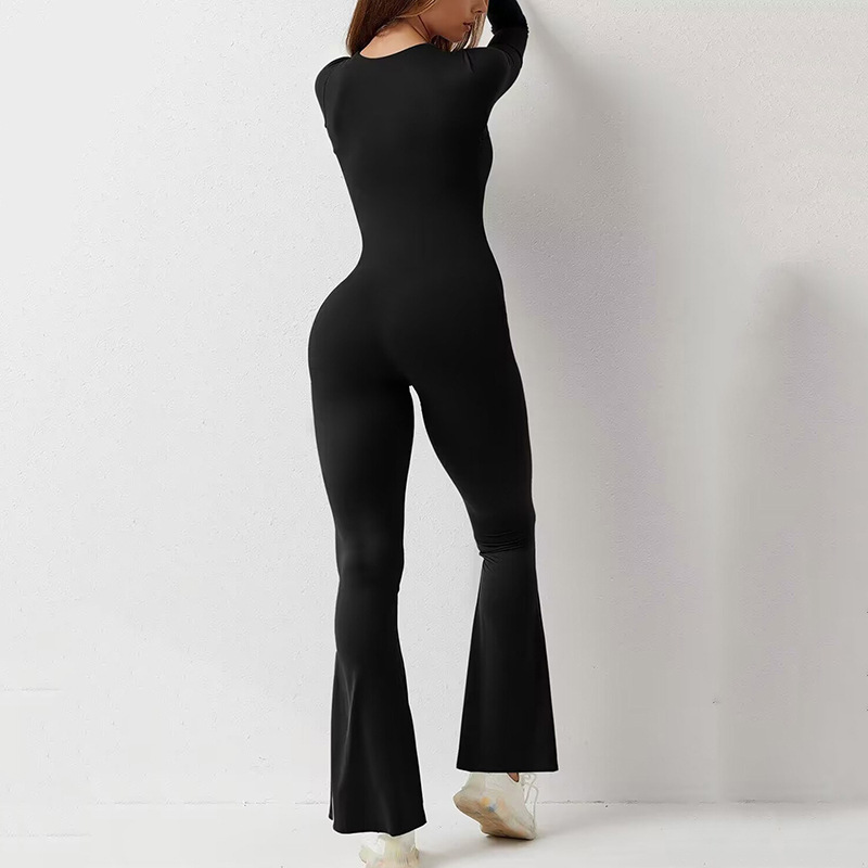Women's Long Sleeve Square Neck Wide Leg Jumpsuit with Tummy Control and Butt Lifting