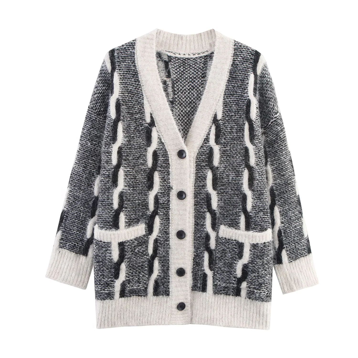 Color-Block Cable-Knit V-Neck Loose Cardigan Sweater