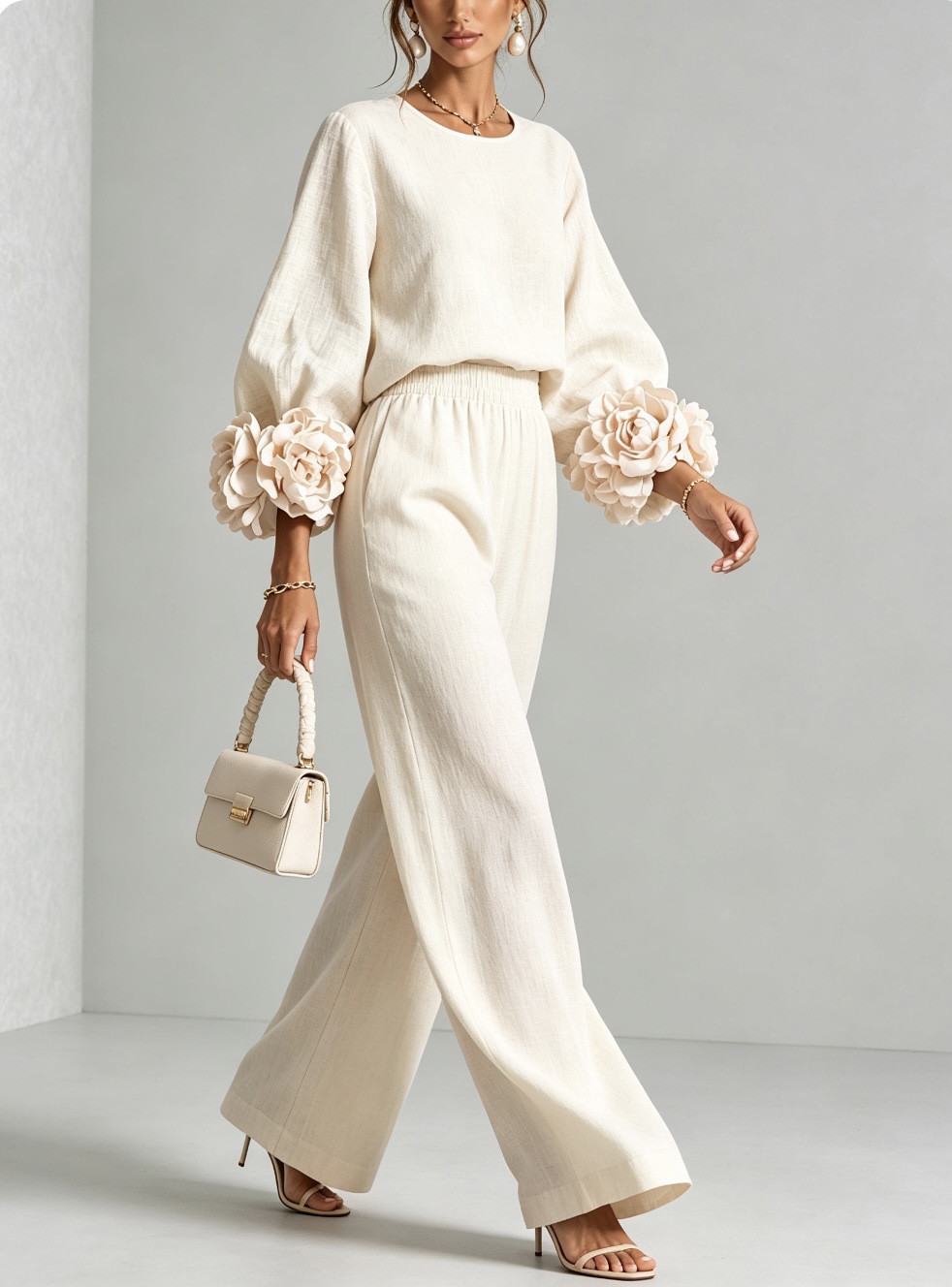 Women's 3D Floral Bubble Sleeve Two-Piece Set with High-Waist Wide-Leg Pants