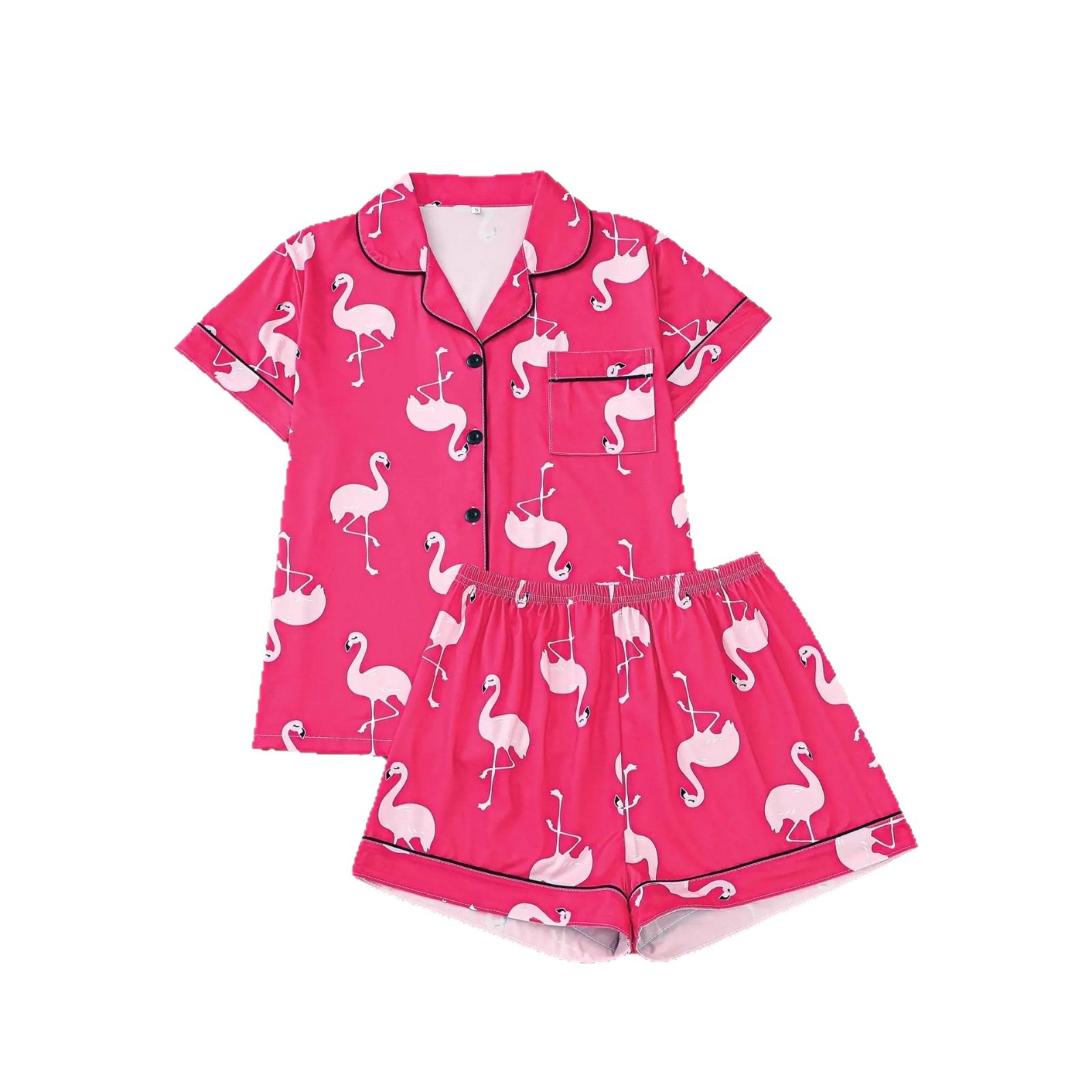 Women's Flamingo Print Collared Shirt Set Casual Loungewear
