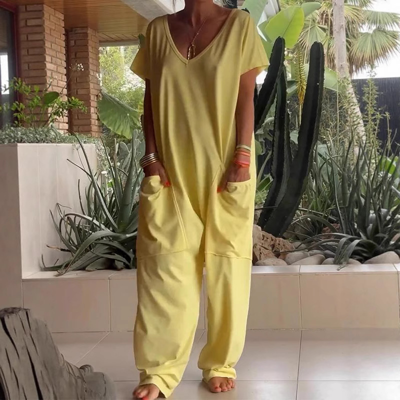 Women's Solid Color V-Neck Short Sleeve Jumpsuit with Pockets