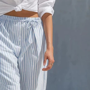 Elegant White Shirt & Blue Striped Wide-Leg Pants Set
