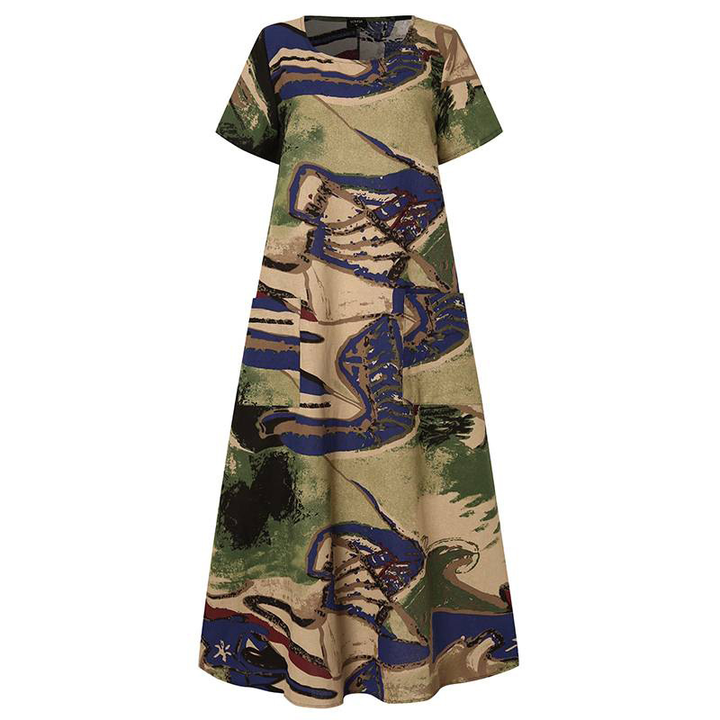 Women's Floral Print Long Dress Round Neck Short Sleeve Casual A-Line with Pockets