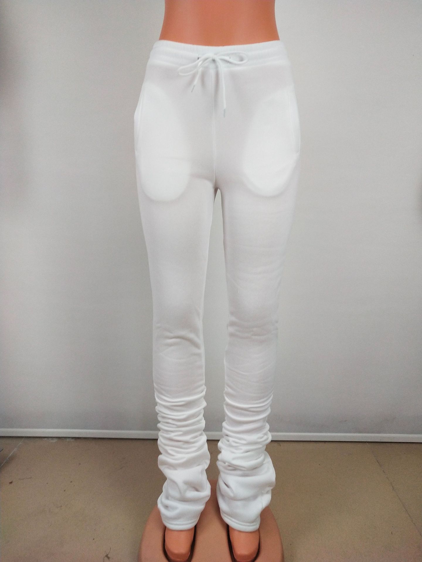 Women's Solid Color High Waist Pleated Drawstring Stacked Pants