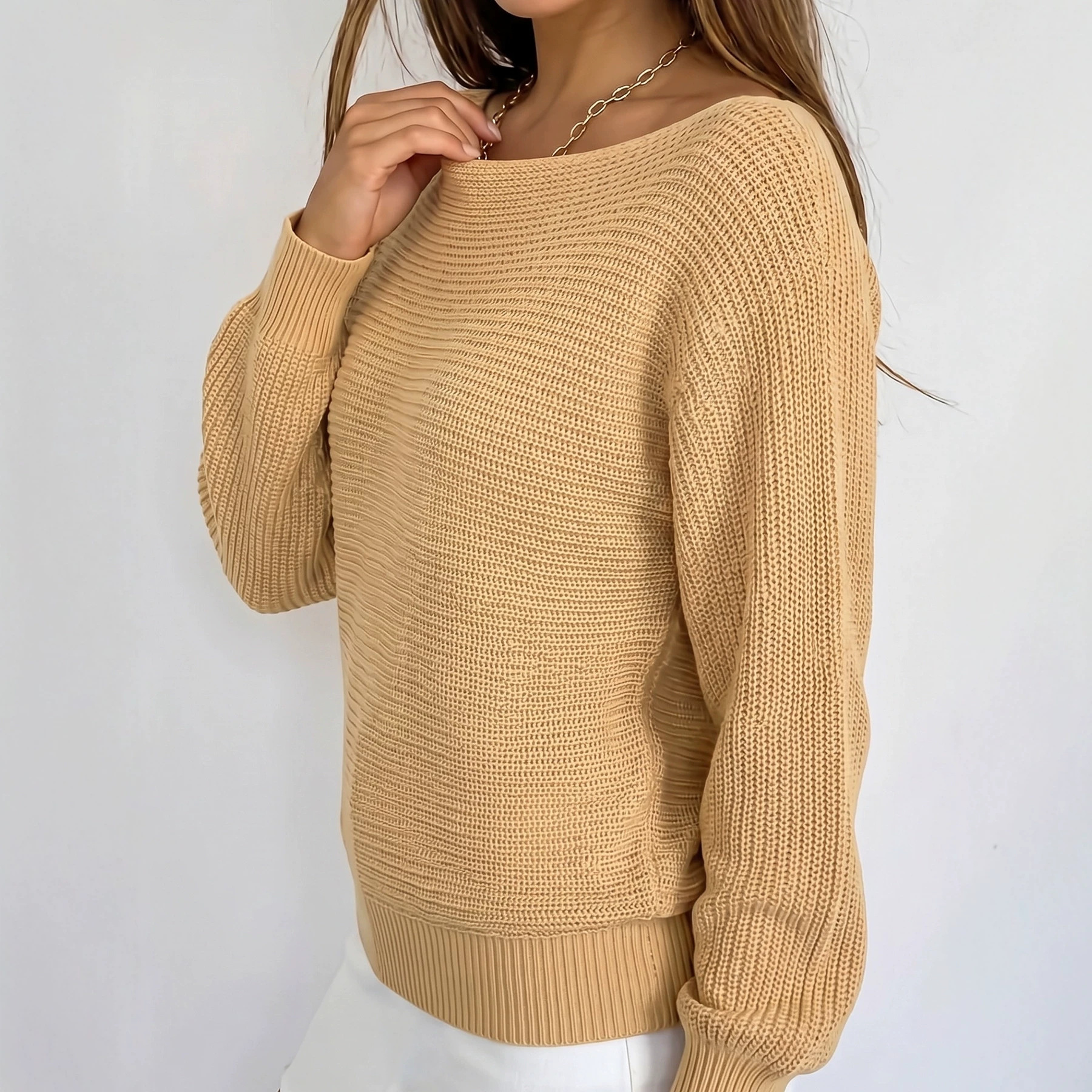 Women's Solid Boat Neck Long Sleeve Knit Top Casual Loose Fit