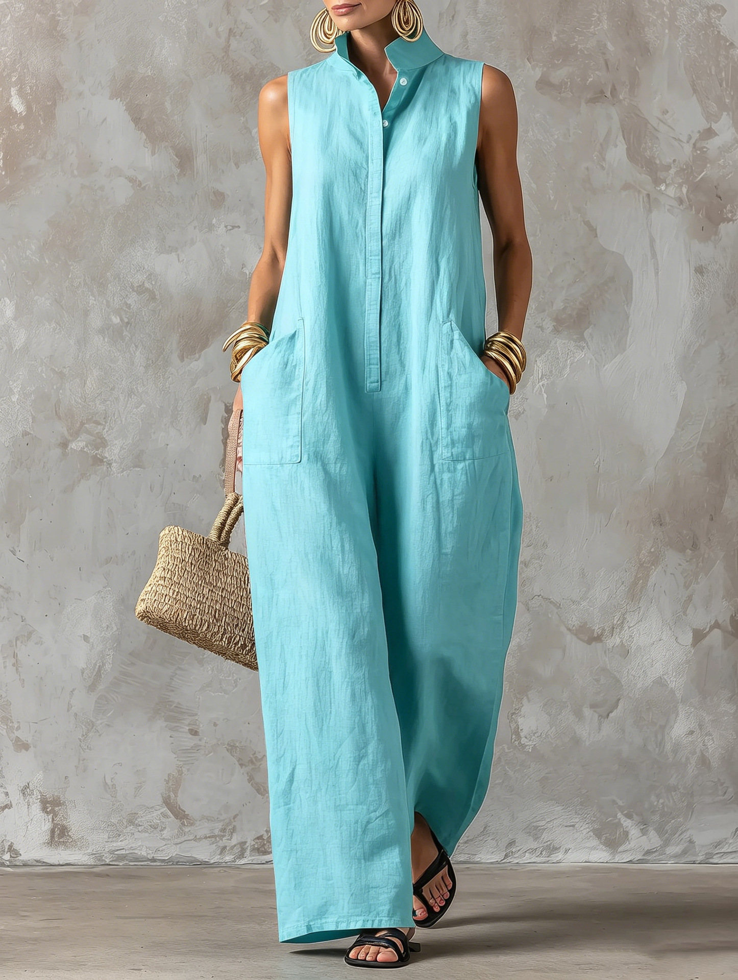 Women's Sleeveless Linen-Blend Jumpsuit with Stand Collar and Button Front Wide-Leg Pants