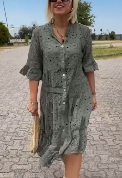 Women's Solid V-Neck Button Lace Panel Midi Dress