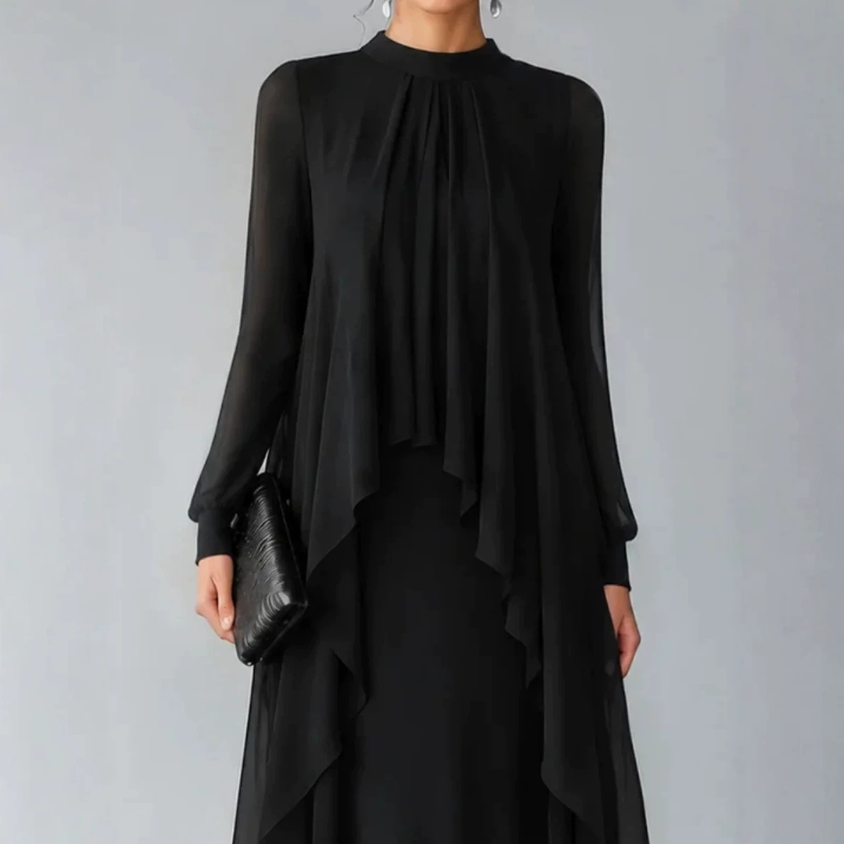Black Stand Collar Chiffon Faux Two-Piece Long Dress with Ruffle Trim
