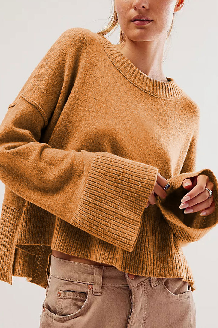 Solid Crewneck Bell Sleeve Knit Pullover Sweater