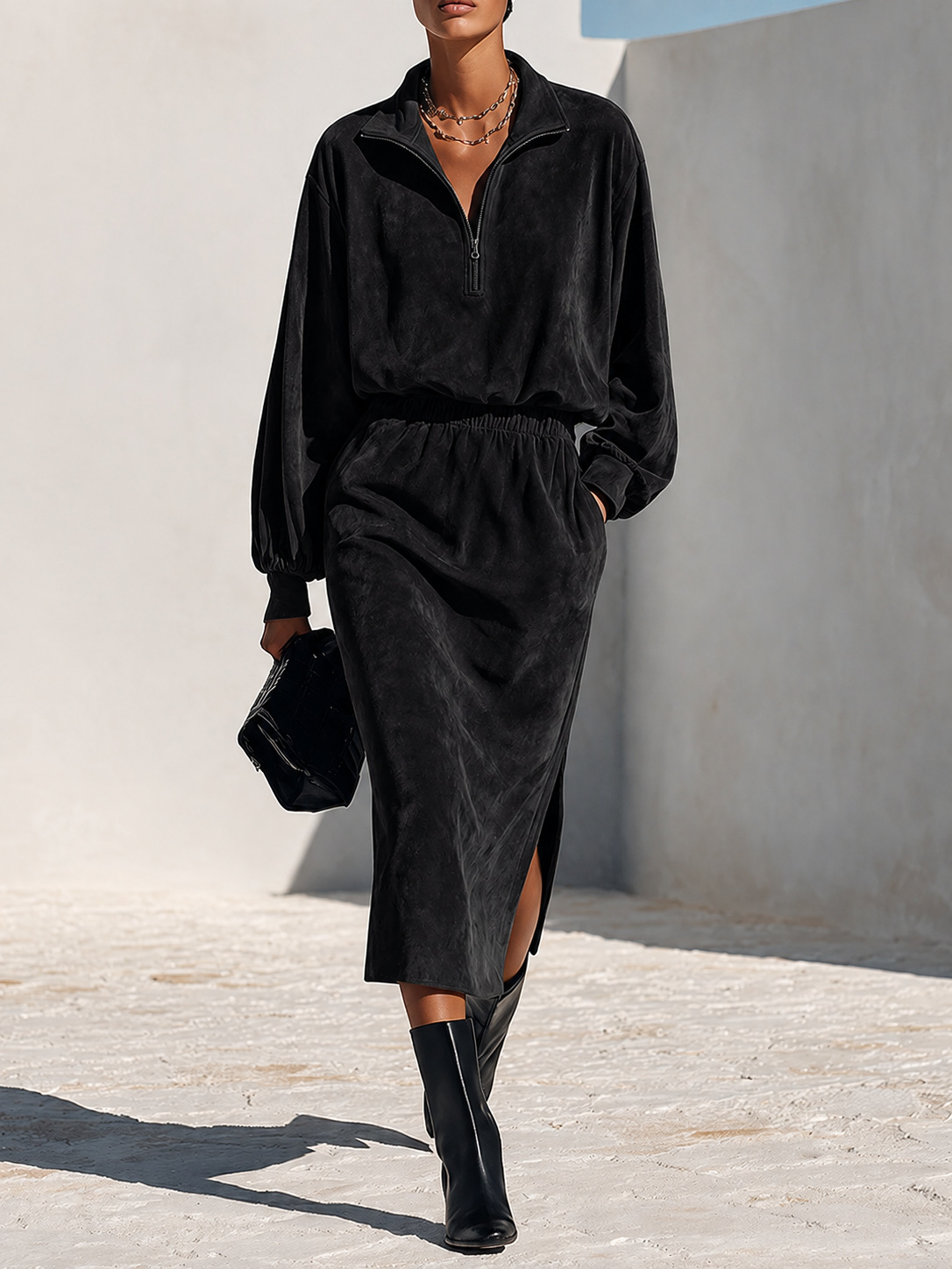 Women's Half-Zip Stand Collar Sweatshirt and Skirt Two-Piece Set