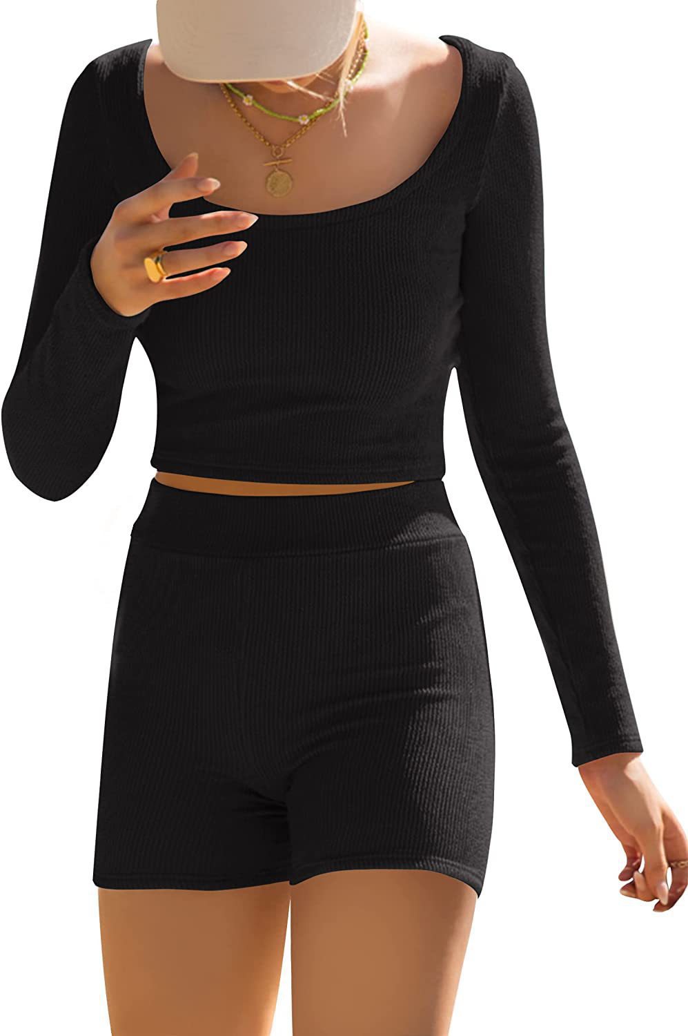 Women's Long Sleeve Crop Top and Shorts Yoga Set