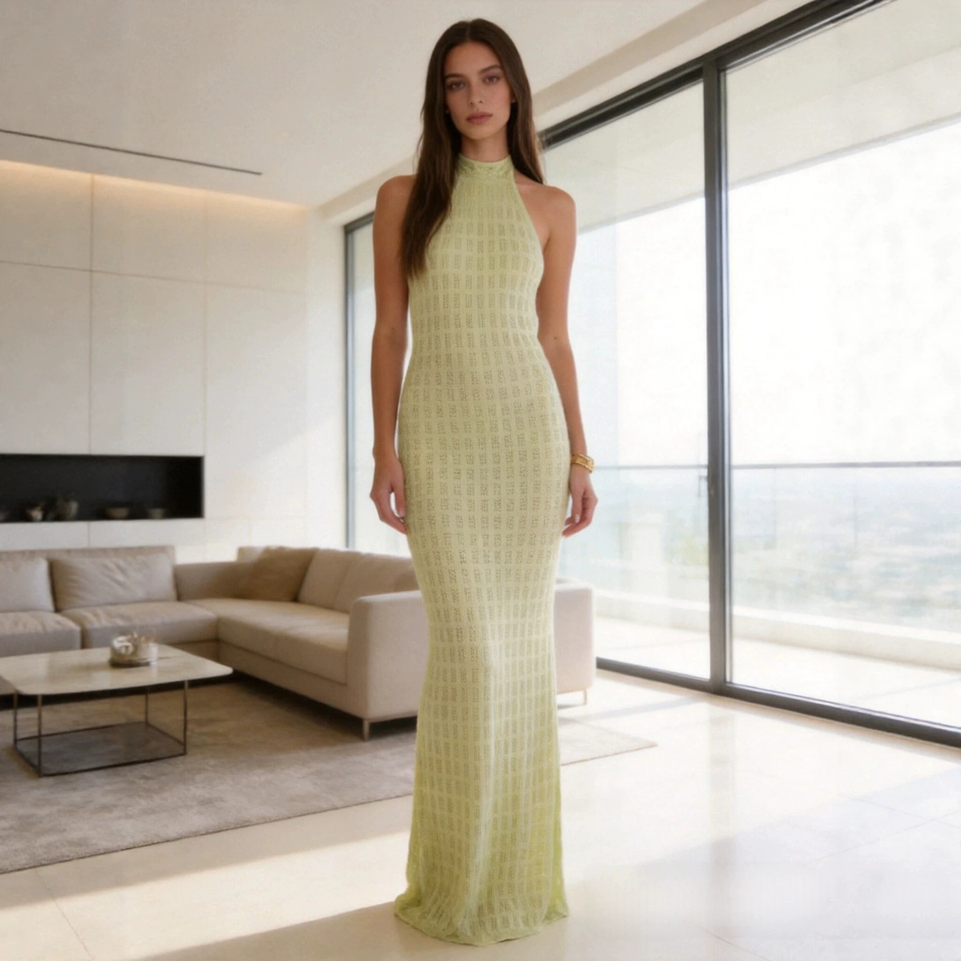 Women's Sexy Mesh Halter Neck Knit Long Dress