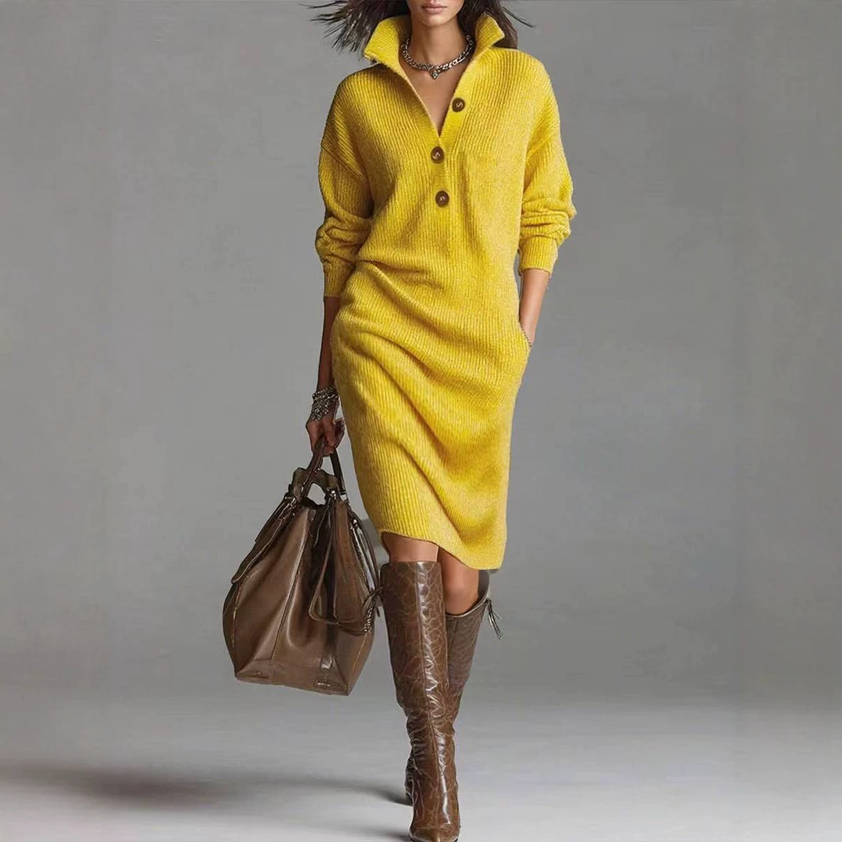 Women's Oversized Long Knit Sweater Dress Solid Color