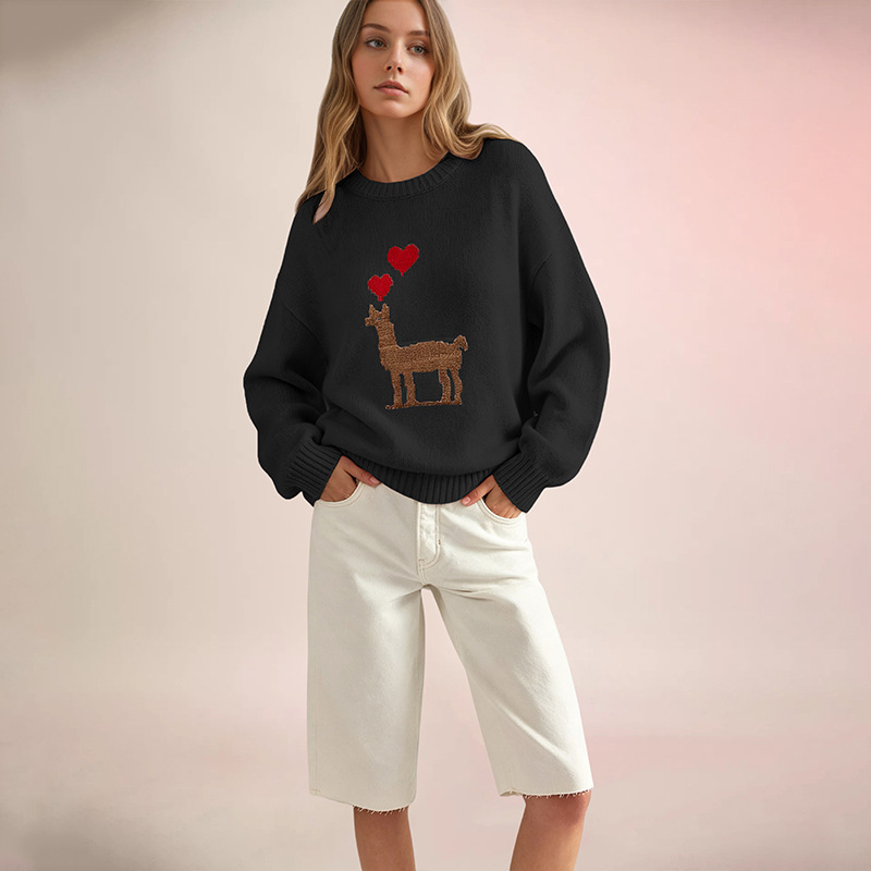 Heart Colorblock Crewneck Pullover Knit Sweater
