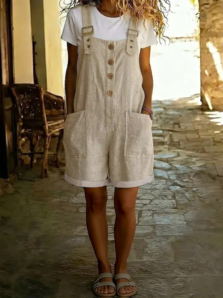 Women's Cotton-Linen Solid Color Vintage Straight-Leg Overalls with Pockets