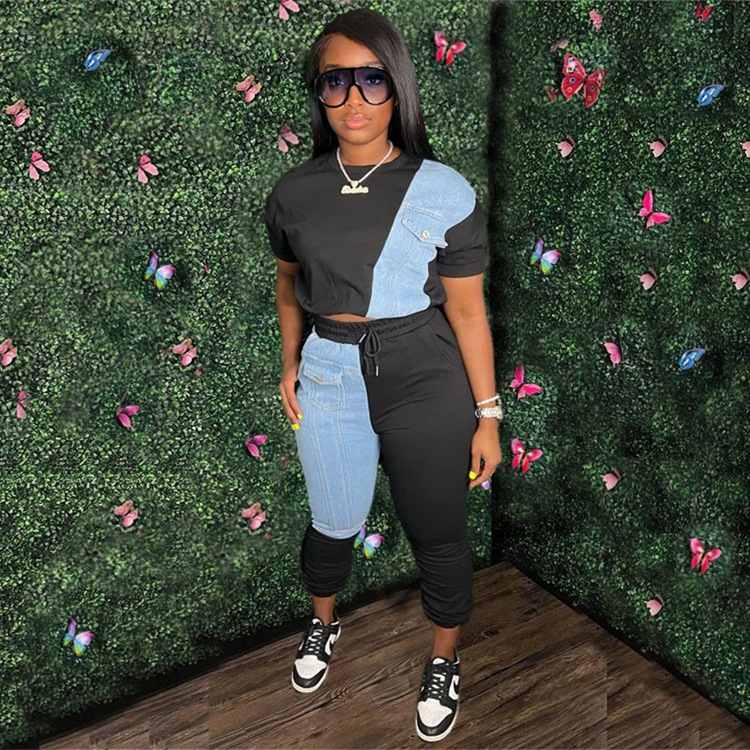 Women's Colorblock Hoodie & Denim Pants Two-Piece Set