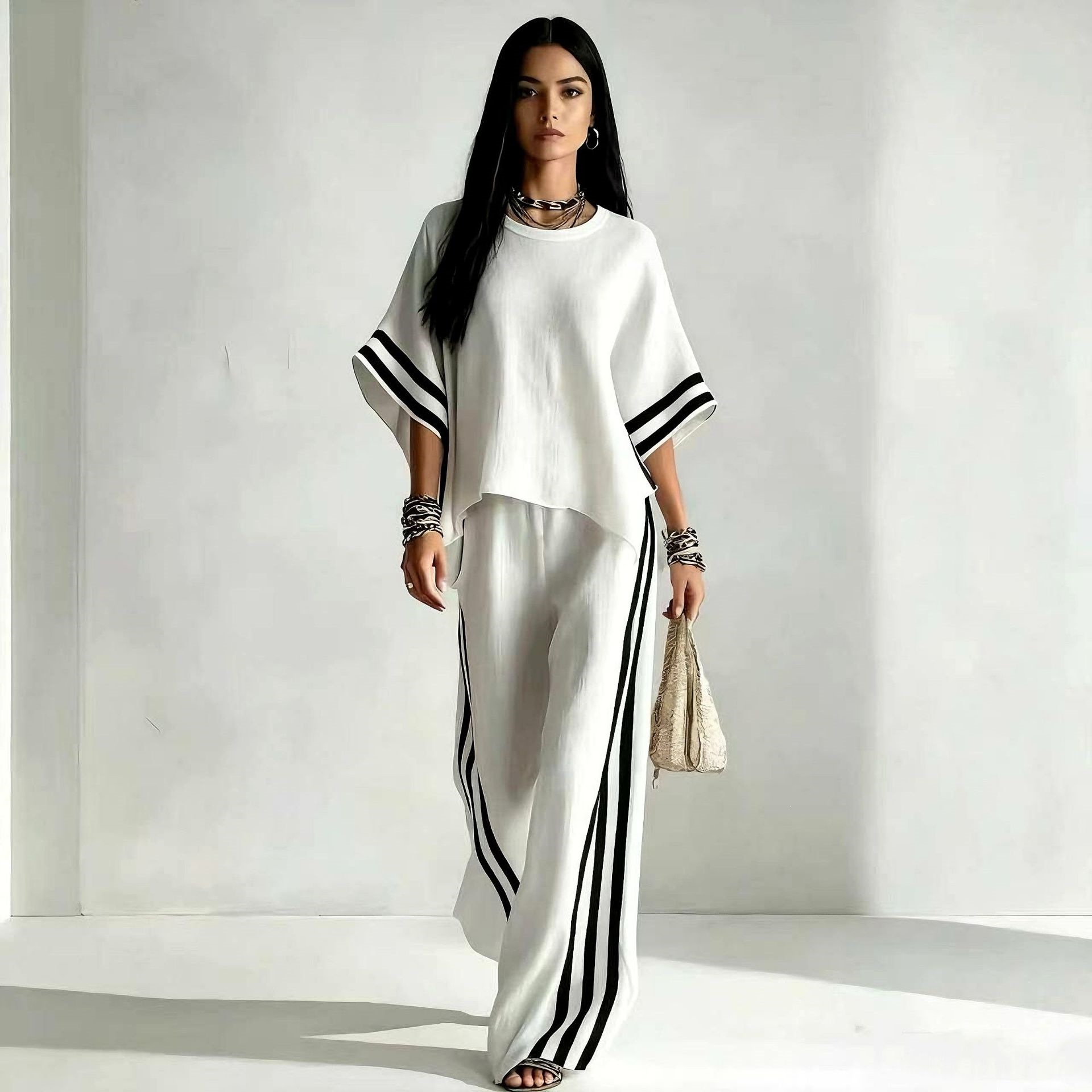 Women's Striped Two-Piece Wide-Leg Pants Set Casual Colorblock