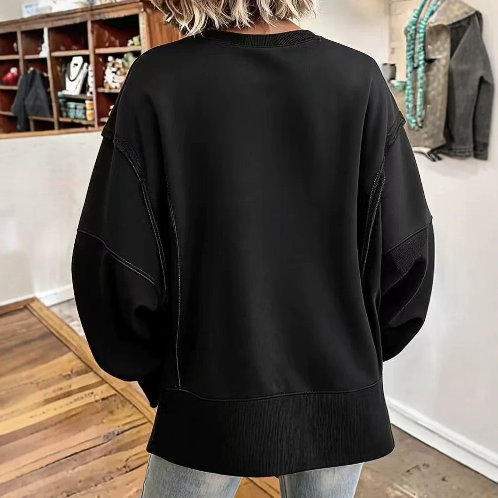 Women's Loose Crewneck Sweatshirt with Spliced Drop Shoulder Long Sleeves