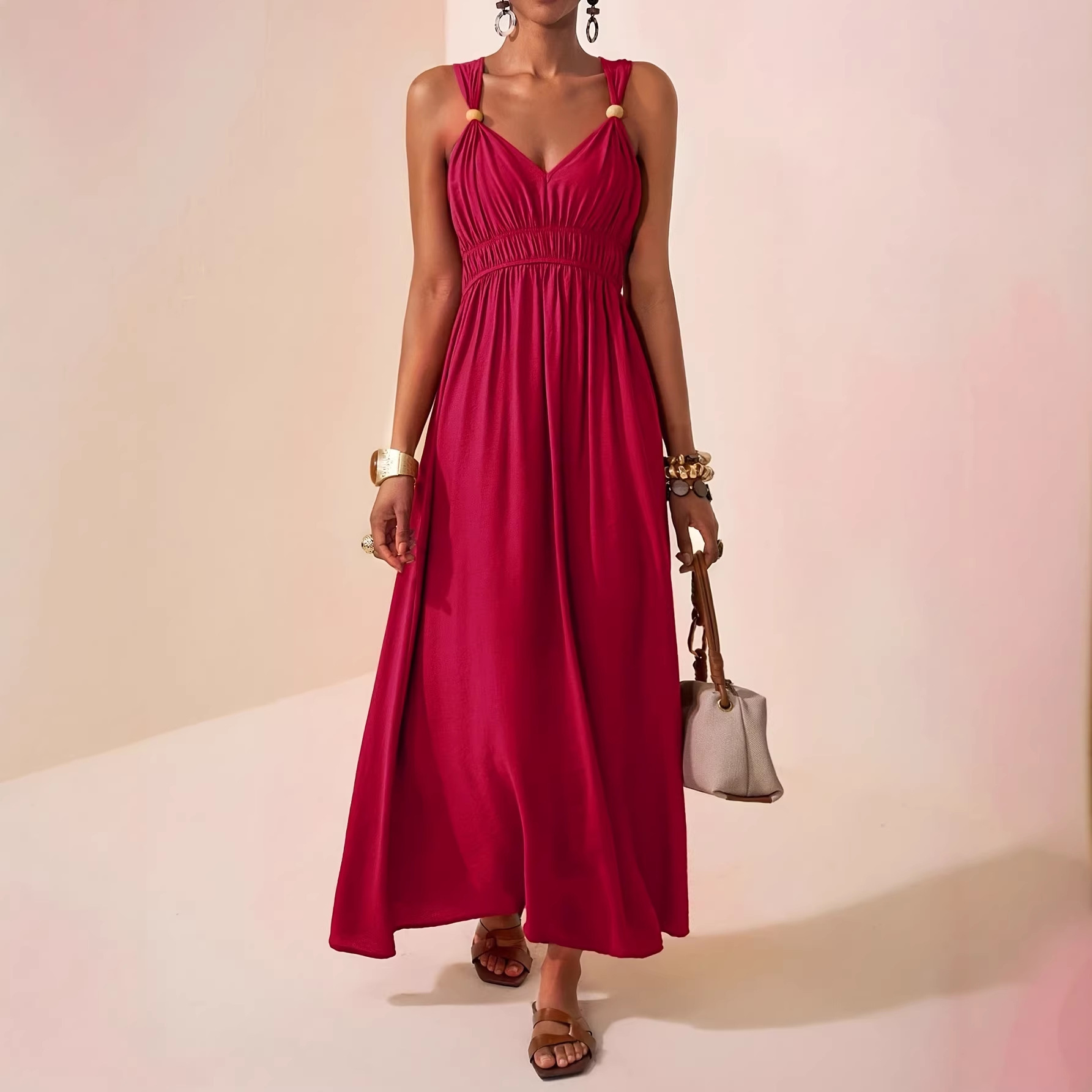 Women's Sleeveless Deep V-Neck A-Line Maxi Dress