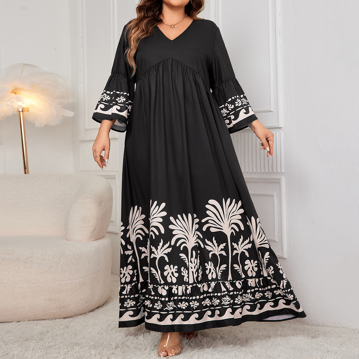 Women's Flared Sleeve V-Neck Printed Long Dress