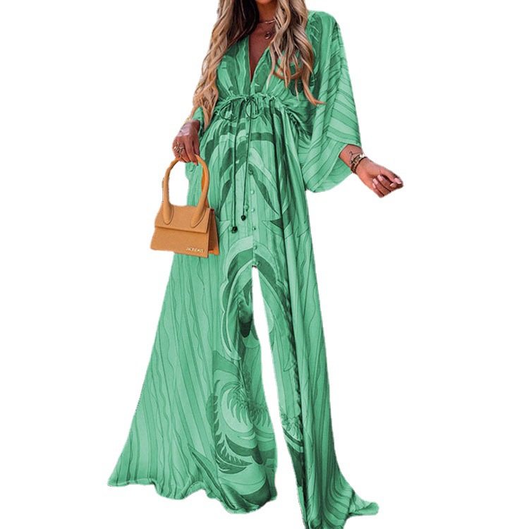 Women's Sexy V-Neck Tie Front Button Down Beach Dress