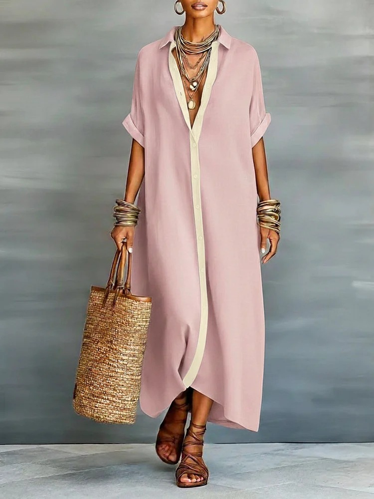 Elegant Button Contrast Collar Cotton-Linen Shirt Dress