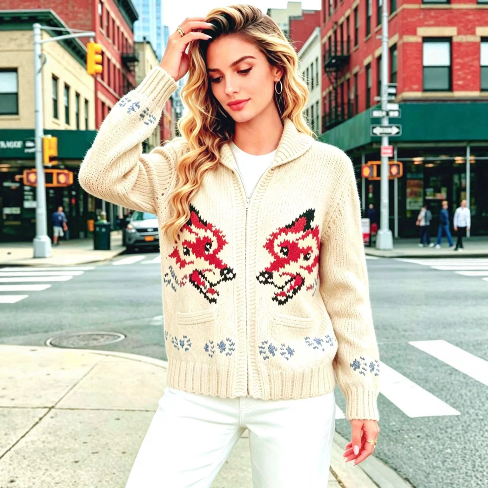 Retro Double Wolf Jacquard Zip-Up Knit Cardigan Women's Loose Lazy Sweater