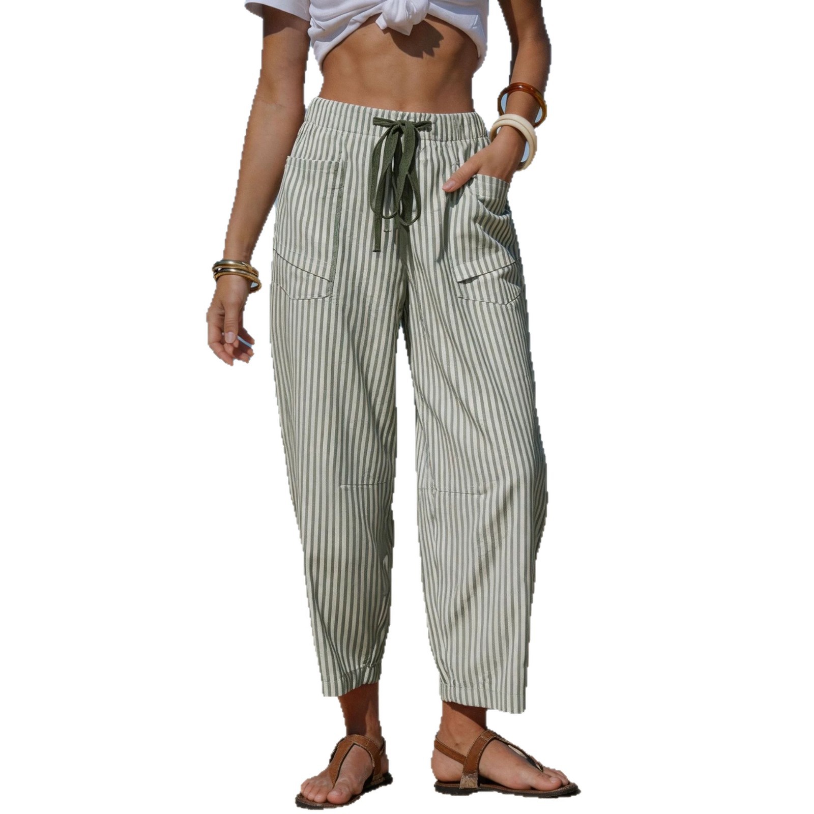 Striped Faux Linen Cropped Pants with Drawstring and Pockets
