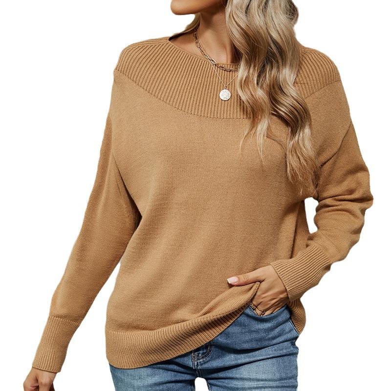 Women's Off-Shoulder Pullover Sweater Solid Color Long Sleeve Knit Top