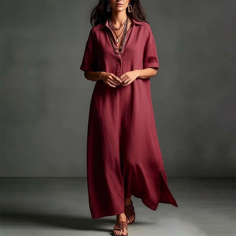 Women's Casual Solid Color Short Sleeve Collared Long Dress
