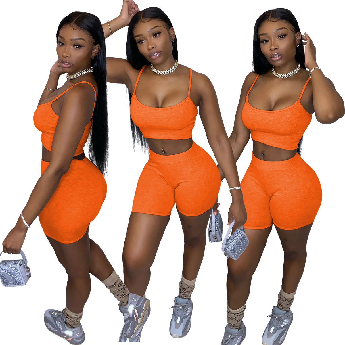 Women's Solid Color Crop Cami Top and Biker Shorts Set