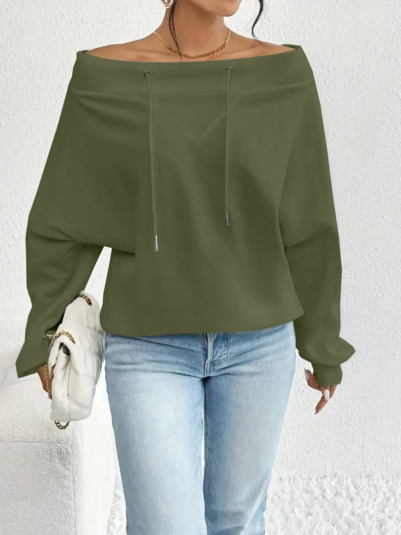 Women's Off-Shoulder Drawstring Top Loose Casual Long Sleeve