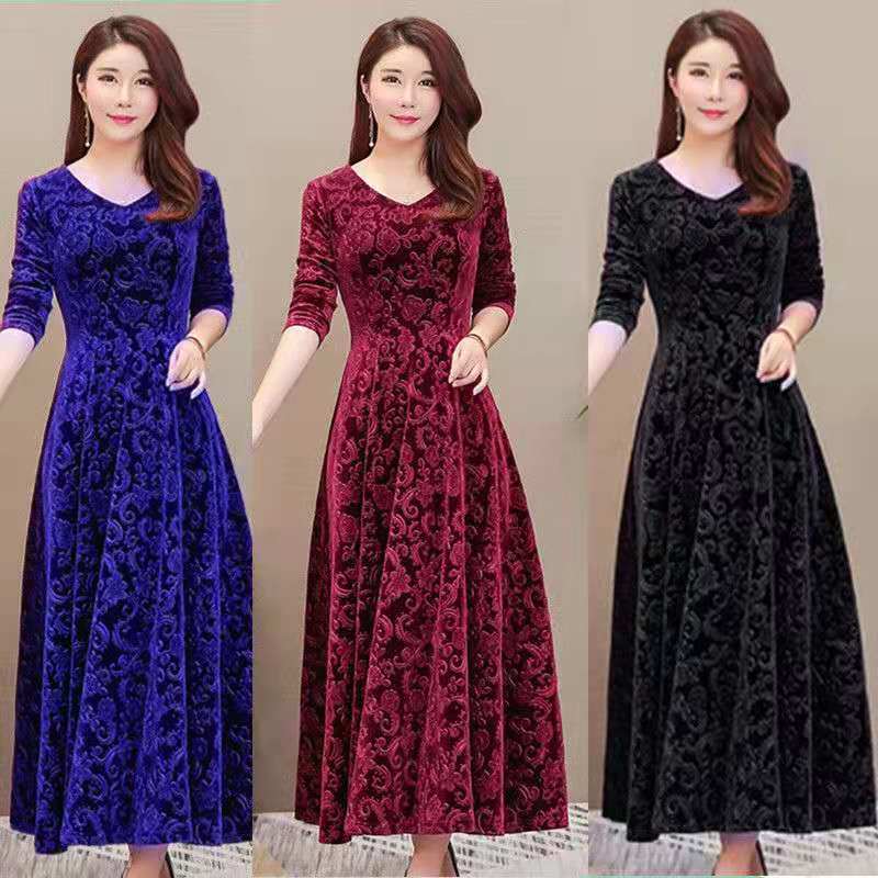 Velvet V-Neck Long Sleeve A-Line Maxi Dress