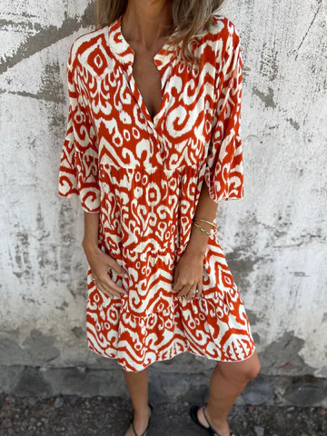 Women's V-Neck Floral Print Pleated Midi Dress with Four-Way Stretch