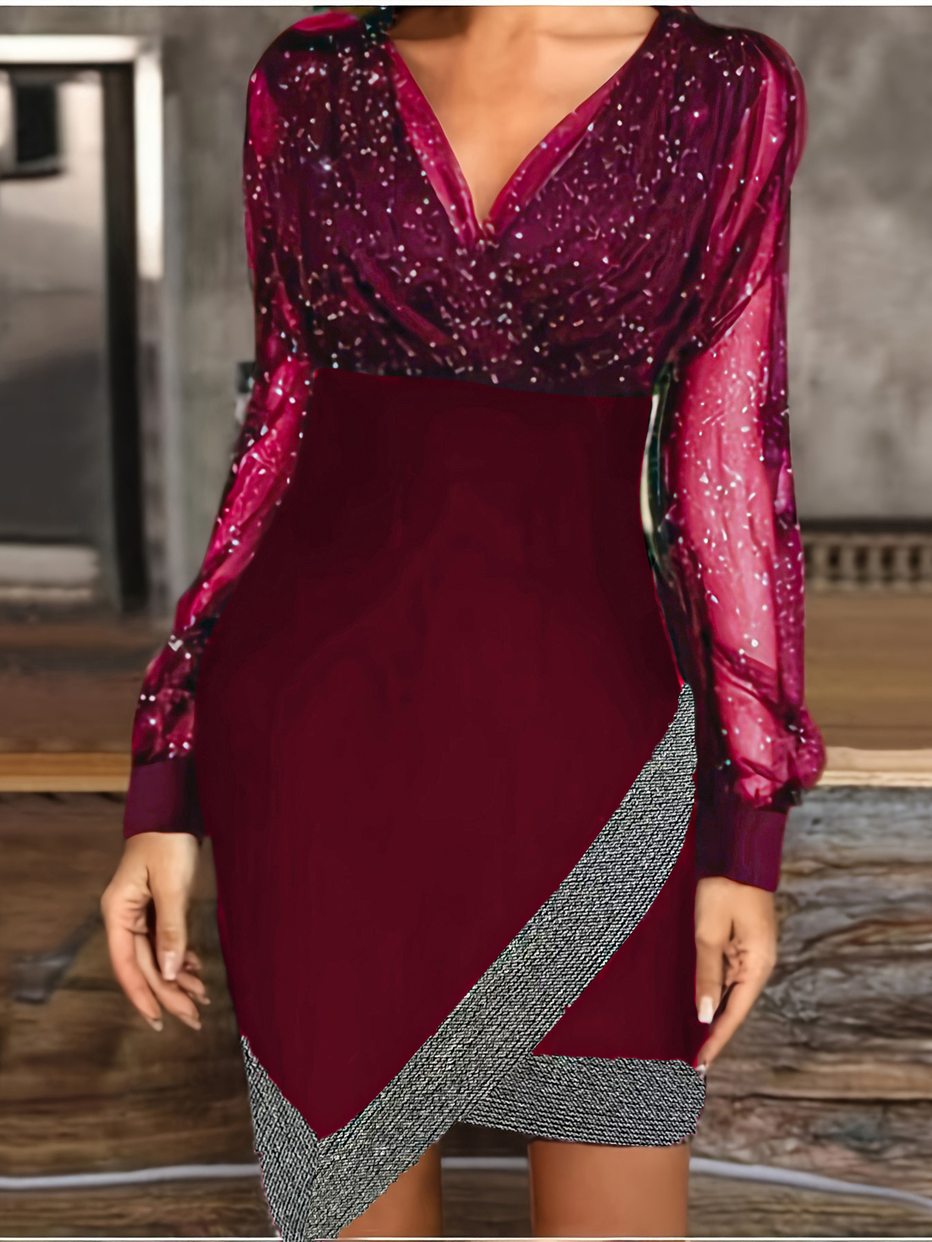 Mesh Sequin V-Neck Long Sleeve Bodycon Dress
