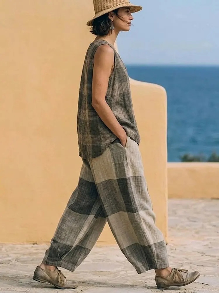 Women's Plaid Sleeveless Top and Wide-Leg Pants Two-Piece Set