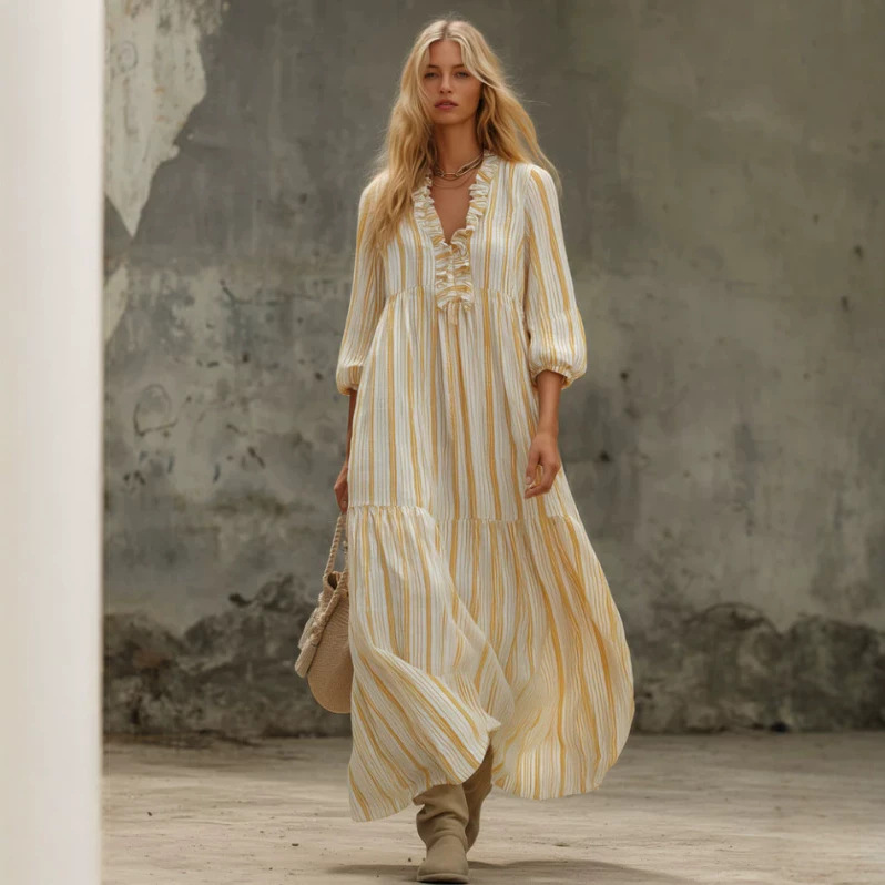Yellow Striped Ruffle V-Neck Long Dress