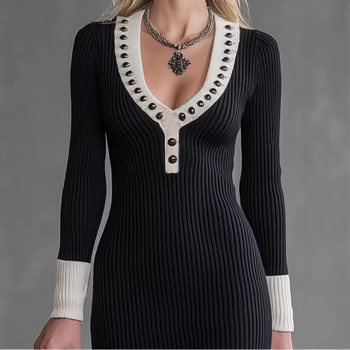 Black Knit Mini Dress with White U-Neck, Studs & Frayed Trim
