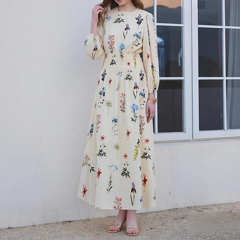 Women's Botanical Print Long Dress – Loose Fit A-Line High Waist